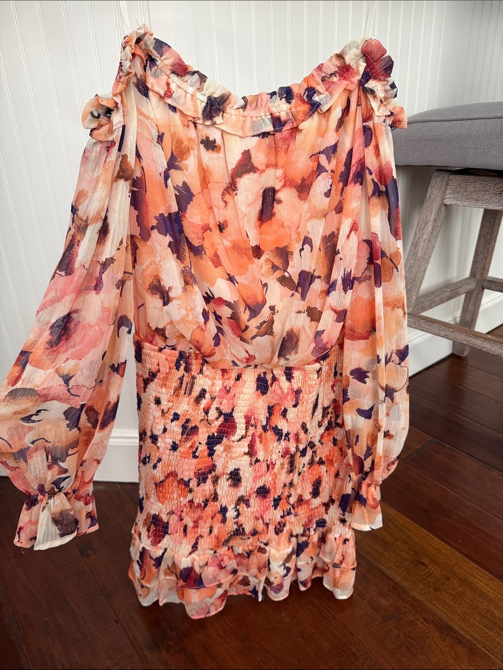Vici Strapless Floral Smocked Mini Dress in Peach, Coral & Navy